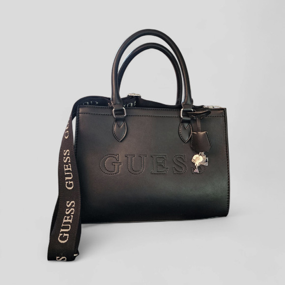 Guess Finianan black faux leather satchel crossbody bag - Picture 1 of 7